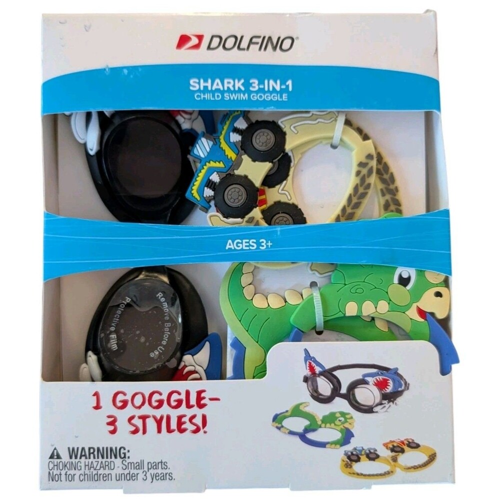 Child 3-in-1 Swim Goggles - Sharks, Dino, & Trucks - Dolfino - Boys & Girls 3+